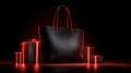 Black leather tote bag with red handles surrounded by glowing red gift boxes on dark background Royalty Free Stock Photo