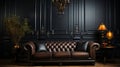 Black leather tufted sofa near dark paneling wall. Generative AI. Royalty Free Stock Photo