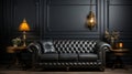 Black leather tufted sofa near dark paneling wall. Generative AI. Royalty Free Stock Photo