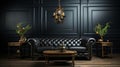 Black leather tufted sofa near dark paneling wall. Generative AI. Royalty Free Stock Photo