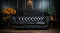 Black leather tufted sofa near dark paneling wall. Generative AI. Royalty Free Stock Photo