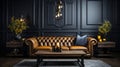 Black leather tufted sofa near dark paneling wall. Generative AI. Royalty Free Stock Photo