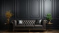 Black leather tufted sofa near dark paneling wall. Generative AI. Royalty Free Stock Photo