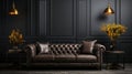 Black leather tufted sofa near dark paneling wall. Generative AI. Royalty Free Stock Photo