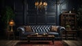 Black leather tufted sofa near dark paneling wall. Generative AI. Royalty Free Stock Photo