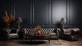 Black leather tufted sofa near dark paneling wall. Generative AI. Royalty Free Stock Photo
