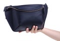 Black leather waist bag in hand Royalty Free Stock Photo