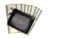 Black leather wallet with american dollars money isolated on white background, concept of savings, investment Royalty Free Stock Photo