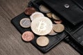 Wallet with bitcoin euro and cent coins