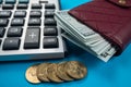 black leather wallet with dollar bills of various denominations calculator on black background Royalty Free Stock Photo