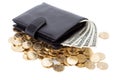 Black leather wallet with dollars and golden coins on white Royalty Free Stock Photo