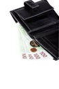 Black leather wallet with euro banknotes and coins Royalty Free Stock Photo