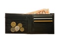 Black leather wallet with Euro notes and coins Royalty Free Stock Photo