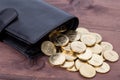 Black leather wallet with golden coins on wood background Royalty Free Stock Photo