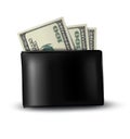 Black leather wallet with money.