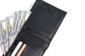 Black leather wallet with stack hundred dollar bills and bank cards on white background.Concept wealth and affluence