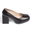 Black Leather Women's Office Comfortable Shoes with Brown Insole on Thick Square Heel on White Background with Blunt Royalty Free Stock Photo