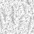 Black leaves and branches seamless pattern. Monochrome decorative template texture with black leaves on the white background. Royalty Free Stock Photo