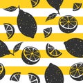 Black lemon seamless pattern on yellow and white stripes. Vector illustration.