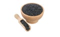 Black lentils beluga in wooden bowl and scoop isolated on white background. nutrition. bio. natural food ingredient Royalty Free Stock Photo