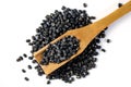 Black Lentils Maa de Daal, Black matpe beans, Black urad, urad whole. Black Lentils with wooden spoon