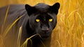 a black leopard with yellow eyes standing in tall grass looking at the camera Royalty Free Stock Photo