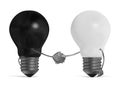 Black light bulb and white one handshaking isolated Royalty Free Stock Photo