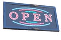 A black light label with the word "open" for a storefront on a white background Royalty Free Stock Photo