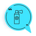 Black line Air freshener spray bottle icon isolated on white background. Air freshener aerosol bottle. Blue speech
