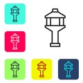 Black line Airport control tower icon isolated on white background. Set icons in color square buttons. Vector Royalty Free Stock Photo