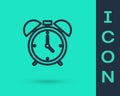 Black line Alarm clock icon isolated on green background. Wake up, get up concept. Time sign. Vector Royalty Free Stock Photo