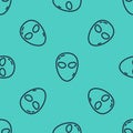 Black line Alien icon isolated seamless pattern on green background. Extraterrestrial alien face or head symbol. Vector