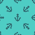 Black line Anchor icon isolated seamless pattern on green background. Vector Royalty Free Stock Photo