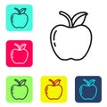 Black line Apple icon isolated on white background. Fruit with leaf symbol. Set icons in color square buttons. Vector Royalty Free Stock Photo