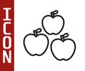 Black line Apple icon isolated on white background. Fruit with leaf symbol. Vector Illustration