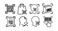 Black line art barcode and qr code scanning icons with human head and hand interaction vector collection Royalty Free Stock Photo