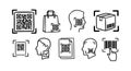 Black line art barcode and qr code scanning icons with human profiles, package box, shopping bag, document, finger touch in Royalty Free Stock Photo