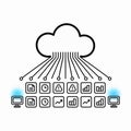 Black Line Art Cloud Computing System Illustration Data Distribution Multiple Computer Monitors Document Clock Warning Graph Icons Royalty Free Stock Photo