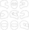 black Line art collection of nine biker helmets Royalty Free Stock Photo