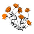 Black line art flower California poppy with orange spots. Royalty Free Stock Photo