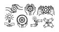 Black line art hands holding gears and light bulbs in collaborative teamwork concept with technology and innovation symbols Royalty Free Stock Photo