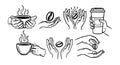 Black line art of hands holding steaming coffee cups and coffee beans in various classic hand positions and gestures Royalty Free Stock Photo