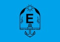 Black line art illustration of E initial letter in anchor frame