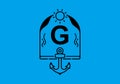 Black line art illustration of G initial letter in anchor frame