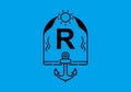 Black line art illustration of R initial letter in anchor frame