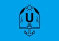 Black line art illustration of U initial letter in anchor frame