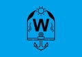 Black line art illustration of W initial letter in anchor frame