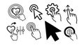 Black line art vector icons of hand cursors clicking hearts gears arrows and mouse pointer set for interface Royalty Free Stock Photo