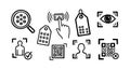 Black line art vector icons showing qr codes scanning, tagging, eye recognition, biometric identification, and access verification Royalty Free Stock Photo