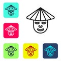 Black line Asian or Chinese conical straw hat icon isolated on white background. Chinese man. Set icons in color square Royalty Free Stock Photo